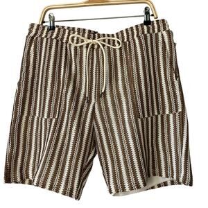 Reason Striped Crochet Shorts Men XL Brown Retro Drawstring Waist Coastal Beach